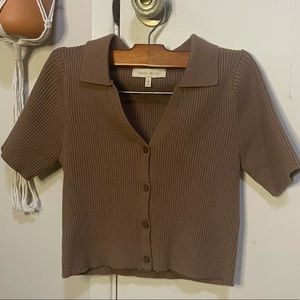 Tan ribbed collared button up crop top